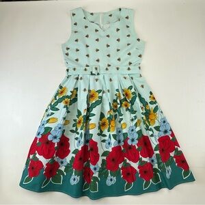 Lindy Bop vintage inspired swing dress light blue poppy bee pattern M fit flare